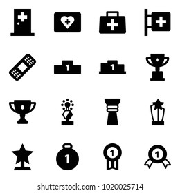 Solid vector icon set - first aid room vector, kit, doctor bag, medical patch, pedestal, win cup, gold, award, medal