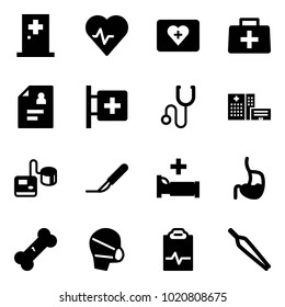 Solid vector icon set - first aid room vector, heart pulse, kit, doctor bag, patient card, stethoscope, hospital building, tonometer, scalpel, bed, stomach, broken bone, medical mask, clipboard