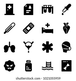 Solid vector icon set - first aid room vector, patient card, vial, pipette, thermometer, medical patch, hospital bed, heart, lungs, bladder, ambulance star, mask, virus, pills bottle, pool, x ray