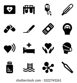 Solid vector icon set - first aid kit vector, vial, drop counter, thermometer, pills, scalpel, medical patch, mri, heart beat, hospital bed, care, mask, bottle, pool, molecule, forceps