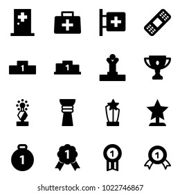 Solid vector icon set - first aid room vector, doctor bag, medical patch, pedestal, winner, gold cup, award, medal