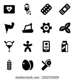 Solid vector icon set - first aid kit vector, drop counter, pills blister, medical patch, power hand, treadmill, heart gear, three leafs, bladder, gymnastics, mobile monitor, milk, spica, eggs