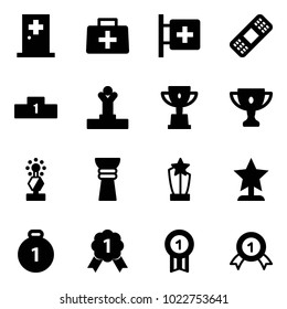 Solid vector icon set - first aid room vector, doctor bag, medical patch, pedestal, winner, win cup, gold, award, medal