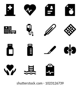 Solid vector icon set - first aid room vector, heart pulse, patient card, diet list, hospital building, drop counter, thermometer, pills blister, bottle, vial, scalpel, kidneys, care, pool
