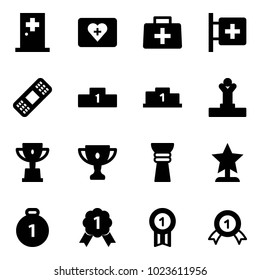 Solid vector icon set - first aid room vector, kit, doctor bag, medical patch, pedestal, winner, win cup, gold, award, medal