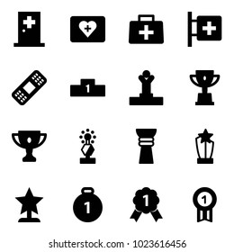 Solid vector icon set - first aid room vector, kit, doctor bag, medical patch, pedestal, winner, win cup, gold, award, medal
