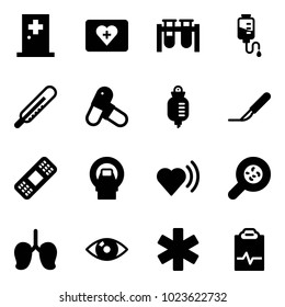 Solid vector icon set - first aid room vector, kit, vial, drop counter, thermometer, pills, scalpel, medical patch, mri, heart beat, bacteria, lungs, eye, ambulance star, pulse clipboard