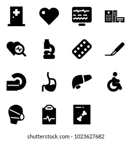 Solid vector icon set - first aid room vector, heart, diagnostic monitor, hospital building, diagnosis, lab, pills blister, scalpel, mri, stomach, liver, disabled, medical mask, pulse clipboard