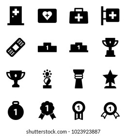 Solid vector icon set - first aid room vector, kit, doctor bag, medical patch, pedestal, win cup, gold, award, medal