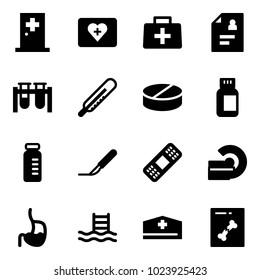 Solid vector icon set - first aid room vector, kit, doctor bag, patient card, vial, thermometer, pill, pills bottle, scalpel, medical patch, mri, stomach, pool, hat, x ray