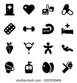 Solid vector icon set - first aid room vector, heart, tonometer, pills, blister, barbell, mri, hospital bed, bladder, gymnastics, abdominal muscles, medical mask, liquid soap, eggs, Angular grinder
