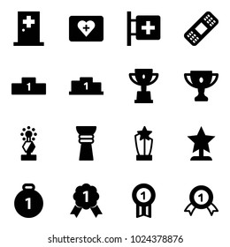 Solid vector icon set - first aid room vector, kit, medical patch, pedestal, win cup, gold, award, medal