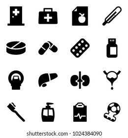 Solid vector icon set - first aid room vector, doctor bag, diet list, thermometer, pill, pills, blister, bottle, mri, liver, kidneys, bladder, tooth brush, liquid soap, pulse clipboard, teethers
