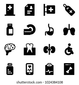 Solid vector icon set - first aid room vector, patient card, medical label, pills bottle, mri, stomach, lungs, brain, tooth, kidneys, disabled, mobile heart monitor, pulse clipboard, x ray