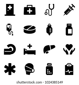 Solid vector icon set - first aid room vector, doctor bag, stethoscope, syringe, drop counter, pill, pills bottle, mri, hospital bed, liver, heart care, ambulance star, medical mask, pulse clipboard