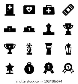 Solid vector icon set - first aid room vector, kit, doctor bag, medical patch, pedestal, winner, win cup, gold, award, medal