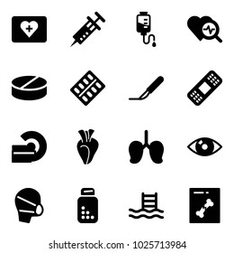 Solid vector icon set - first aid kit vector, syringe, drop counter, heart diagnosis, pill, pills blister, scalpel, medical patch, mri, lungs, eye, mask, bottle, pool, x ray