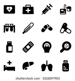 Solid vector icon set - first aid kit vector, doctor bag, syringe, tonometer, vial, thermometer, pills, bottle, medical patch, mri, bacteria, hospital bed, liver, lungs