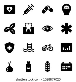 Solid vector icon set - first aid kit vector, syringe, pills, mri, three leafs, tooth, eye, ambulance star, pool, bike, statistics, onion, milk, spica, schedule