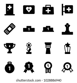 Solid vector icon set - first aid room vector, kit, doctor bag, medical patch, pedestal, winner, gold cup, award, medal
