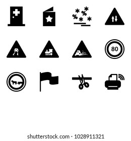 Solid vector icon set - first aid room vector, star postcard, christmas sale, oncoming traffic road sign, slippery, railway intersection, gravel, speed limit 80, no cart horse, flag, opening