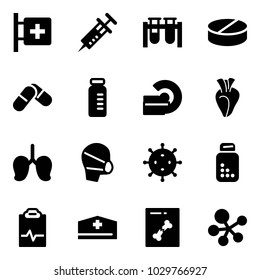 Solid vector icon set - first aid room vector, syringe, vial, pill, pills, mri, heart, lungs, medical mask, virus, bottle, pulse clipboard, doctor hat, x ray, molecule
