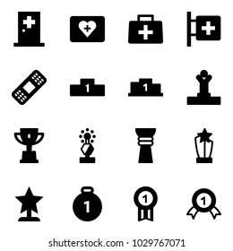 Solid vector icon set - first aid room vector, kit, doctor bag, medical patch, pedestal, winner, win cup, award, gold medal