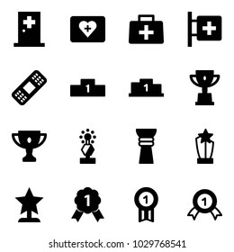 Solid vector icon set - first aid room vector, kit, doctor bag, medical patch, pedestal, win cup, gold, award, medal
