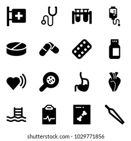 Solid vector icon set - first aid room vector, stethoscope, vial, drop counter, pill, pills, blister, bottle, heart beat, bacteria, stomach, pool, pulse clipboard, x ray, forceps