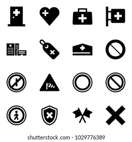 Solid vector icon set - first aid room vector, heart, doctor bag, hospital building, medical label, hat, prohibition road sign, no parkin odd, side wind, pedestrian, shield cross, flags, delete