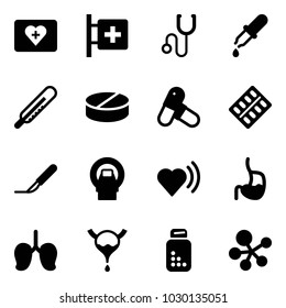 Solid vector icon set - first aid kit vector, room, stethoscope, pipette, thermometer, pill, pills, blister, scalpel, mri, heart beat, stomach, lungs, bladder, bottle, molecule