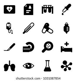 Solid vector icon set - first aid kit vector, patient card, vial, pipette, drop counter, thermometer, pills, scalpel, mri, bacteria, hospital bed, lungs, eye, flask, molecule