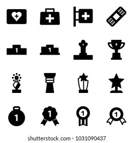 Solid vector icon set - first aid kit vector, doctor bag, room, medical patch, pedestal, winner, win cup, award, gold medal