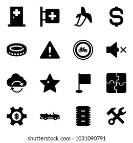 Solid vector icon set - first aid room vector, banana, dollar sign, coin, attention road, no bike, volume off, refresh cloud, star, flag, puzzle, money managemet, cabrio, chip, wrench hammer