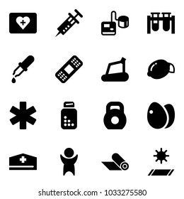 Solid vector icon set - first aid kit vector, syringe, tonometer, vial, pipette, medical patch, treadmill, lemon, ambulance star, pills bottle, weight, eggs, doctor hat, success, mat