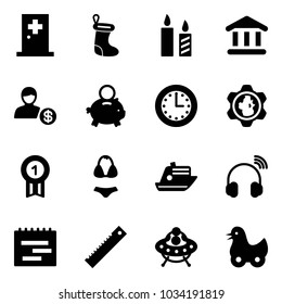 Solid vector icon set - first aid room vector, christmas sock, candle, bank, account, piggy, time, gear globe, gold medal, swimsuit, cruiser, wireless headphones, terms plan, ruler, ufo toy, duck