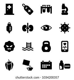 Solid vector icon set - first aid room vector, medical label, vial, lab, drop counter, kidneys, eye, virus, pool, weight, mobile heart monitor, sweet pepper, cereal, schedule, uv cream