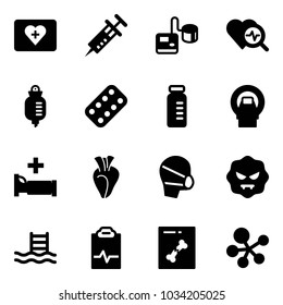 Solid vector icon set - first aid kit vector, syringe, tonometer, heart diagnosis, drop counter, pills blister, vial, mri, hospital bed, medical mask, virus, pool, pulse clipboard, x ray, molecule