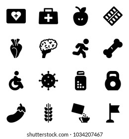 Solid vector icon set - first aid kit vector, doctor bag, apple, pills blister, heart, brain, run, broken bone, disabled, virus, bottle, weight, eggplant, spica, cereal, flag