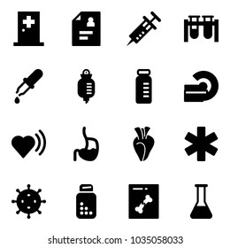 Solid vector icon set - first aid room vector, patient card, syringe, vial, pipette, drop counter, mri, heart beat, stomach, ambulance star, virus, pills bottle, x ray, flask