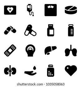 Solid vector icon set - first aid kit vector, drop counter, floor scales, pill, pills, bottle, vial, medical patch, mri, liver, lungs, kidneys, hand, heart