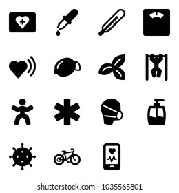 Solid vector icon set - first aid kit vector, pipette, thermometer, floor scales, heart beat, lemon, three leafs, pull ups, gymnastics, ambulance star, medical mask, liquid soap, virus, bike