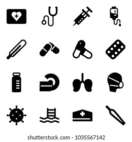 Solid vector icon set - first aid kit vector, stethoscope, syringe, drop counter, thermometer, pills, blister, vial, mri, lungs, medical mask, virus, pool, doctor hat, forceps