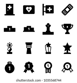 Solid vector icon set - first aid room vector, kit, medical patch, pedestal, winner, gold cup, award, medal