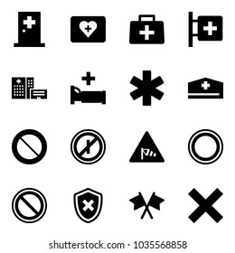 Solid vector icon set - first aid room vector, kit, doctor bag, hospital building, bed, ambulance star, hat, prohibition road sign, no parkin odd, side wind, shield cross, flags, delete