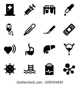 Solid vector icon set - first aid room vector, syringe, vial, pipette, drop counter, thermometer, scalpel, medical patch, heart beat, stomach, liver, bladder, virus, pool, pulse clipboard, molecule