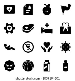 Solid vector icon set - first aid kit vector, patient card, apple, power hand, heart gear, meat, hospital bed, tooth, abdominal muscles, no alcohol sign, care, virus, basketball ball, milk