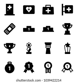 Solid vector icon set - first aid room vector, kit, doctor bag, medical patch, pedestal, win cup, gold, award, medal