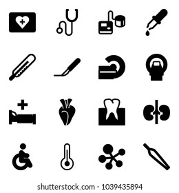 Solid vector icon set - first aid kit vector, stethoscope, tonometer, pipette, thermometer, scalpel, mri, hospital bed, heart, tooth, kidneys, disabled, molecule, forceps