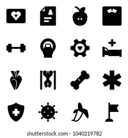 Solid vector icon set - first aid kit vector, patient card, apple, floor scales, barbell, mri, heart gear, hospital bed, pull ups, broken bone, ambulance star, virus, banana, flag